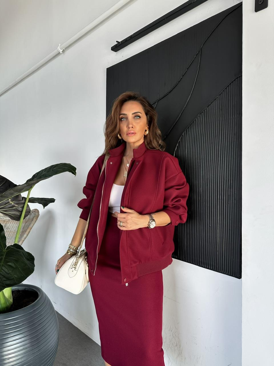 Natural Bordo Ceket Etek Kaşe Takım