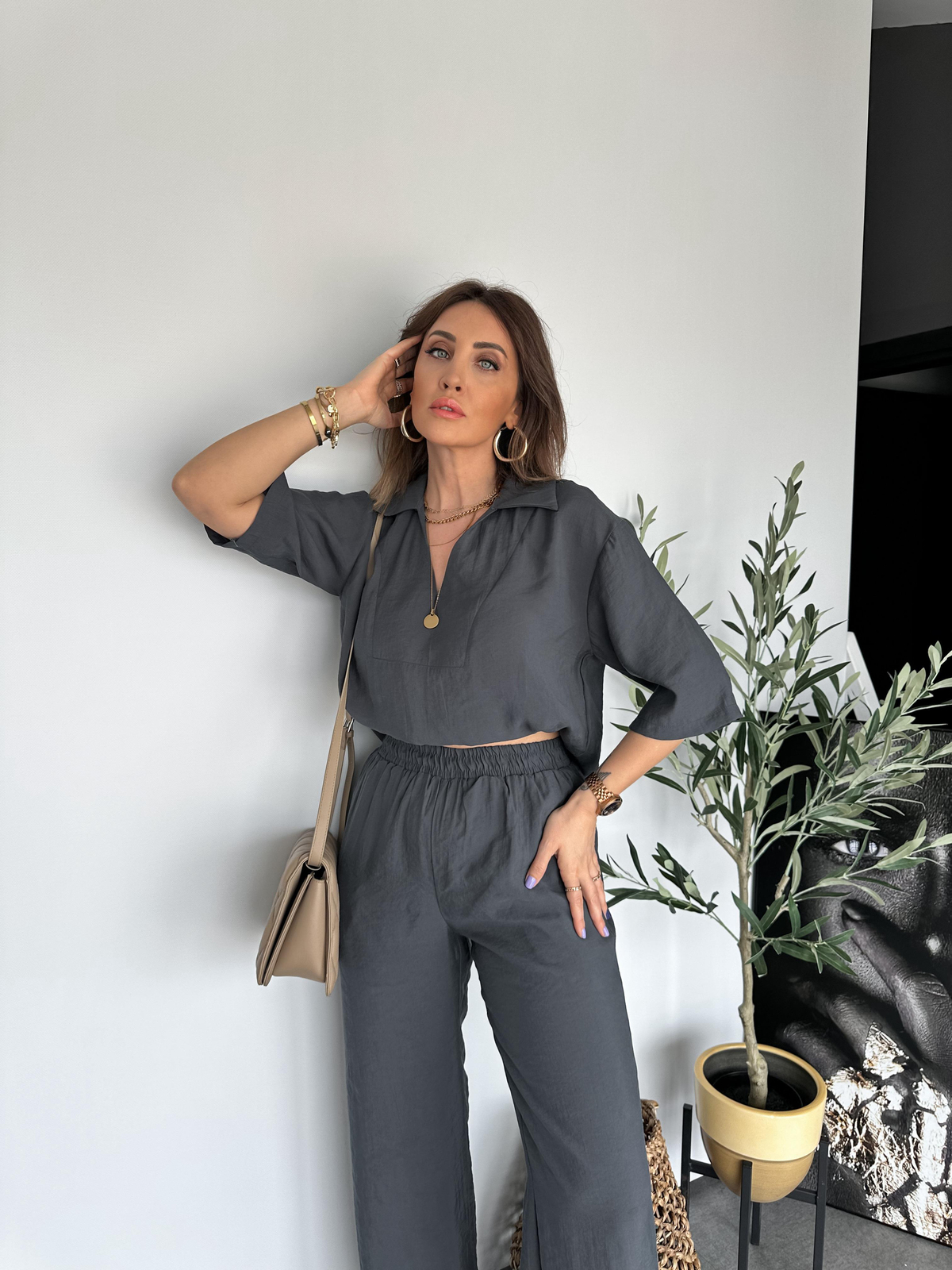 Natural Gri Polo Yaka Tensel Takım