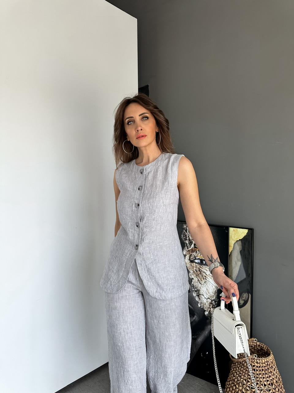 Natural Gri Yelekli Keten Takım