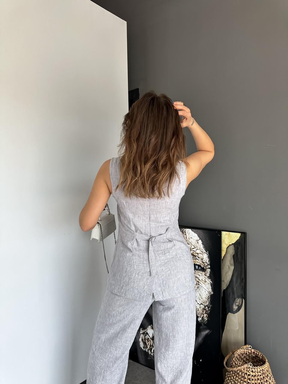 Natural Gri Yelekli Keten Takım