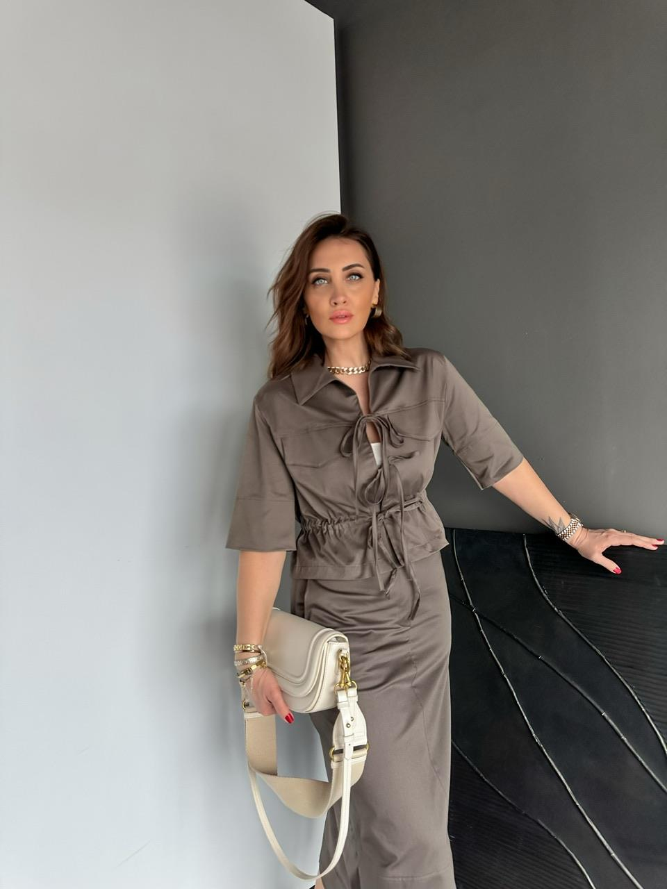 Natural Kahve Bağlamalı Ceket Etek Takım