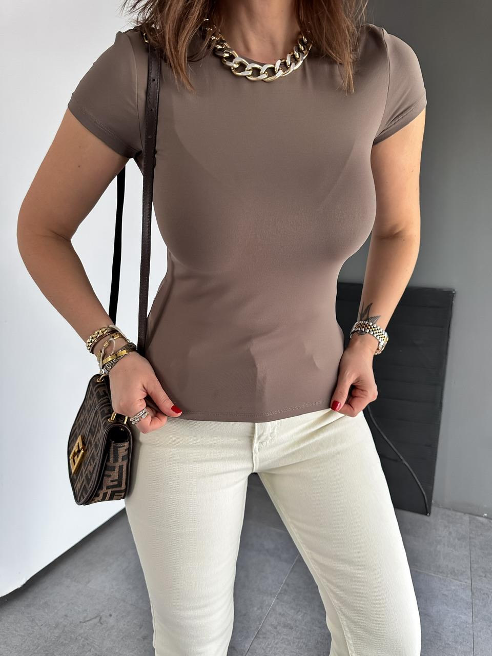 Natural Kahve Likralı Cotton Orijinal Tshirt 