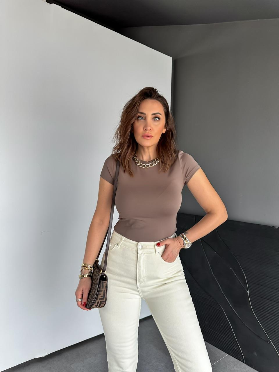 Natural Kahve Likralı Cotton Orijinal Tshirt 