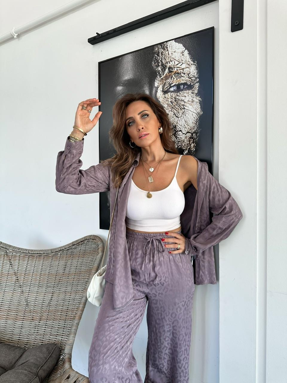 Natural Lila Leopar Saten Takım