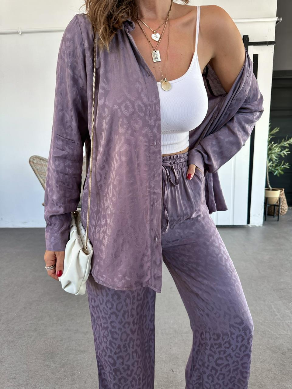 Natural Lila Leopar Saten Takım