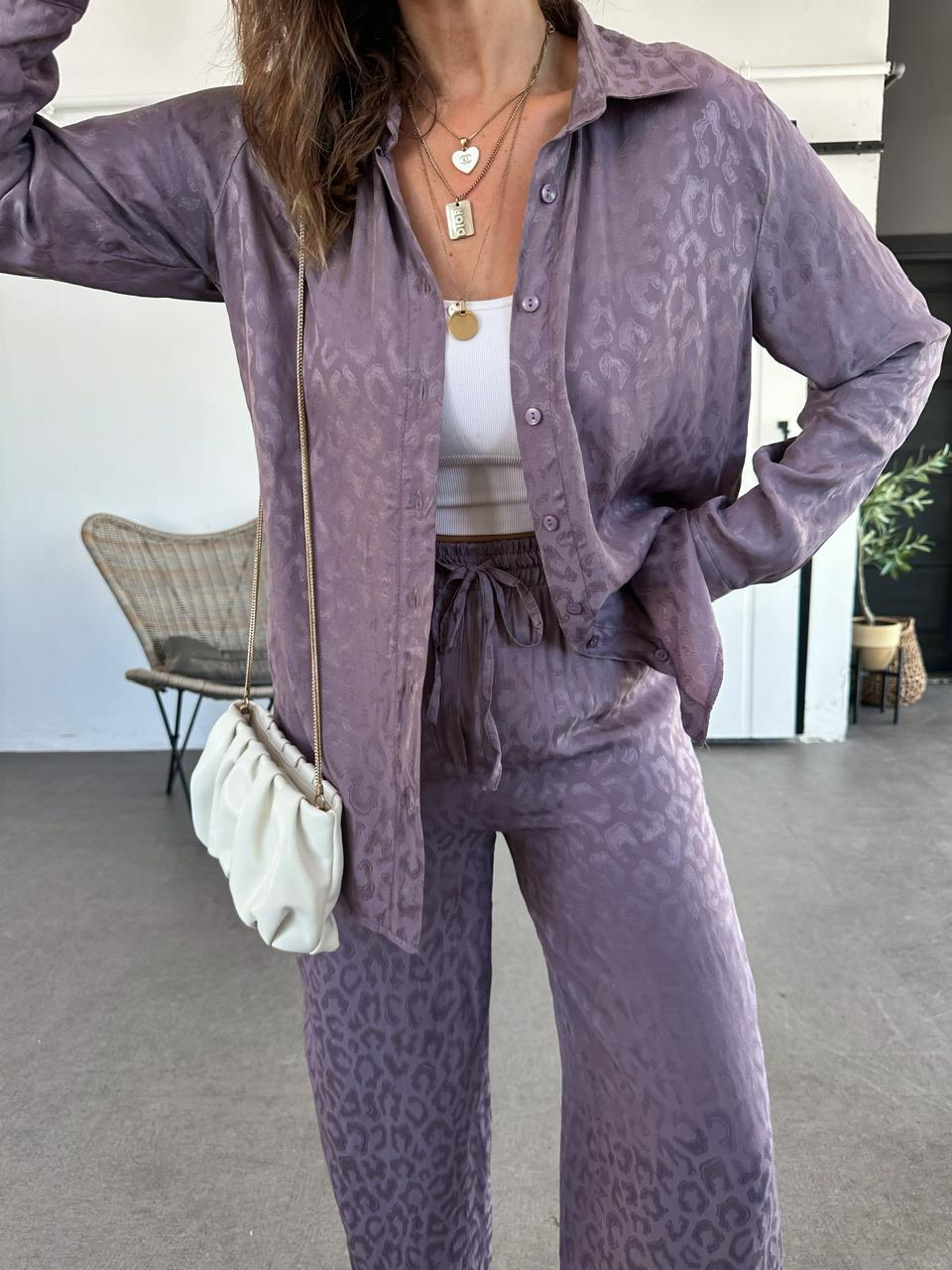 Natural Lila Leopar Saten Takım