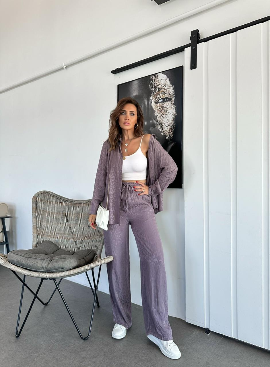 Natural Lila Leopar Saten Takım