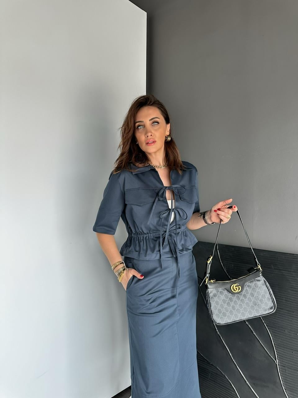 Natural Mavi Bağlamalı Ceket Etek Takım