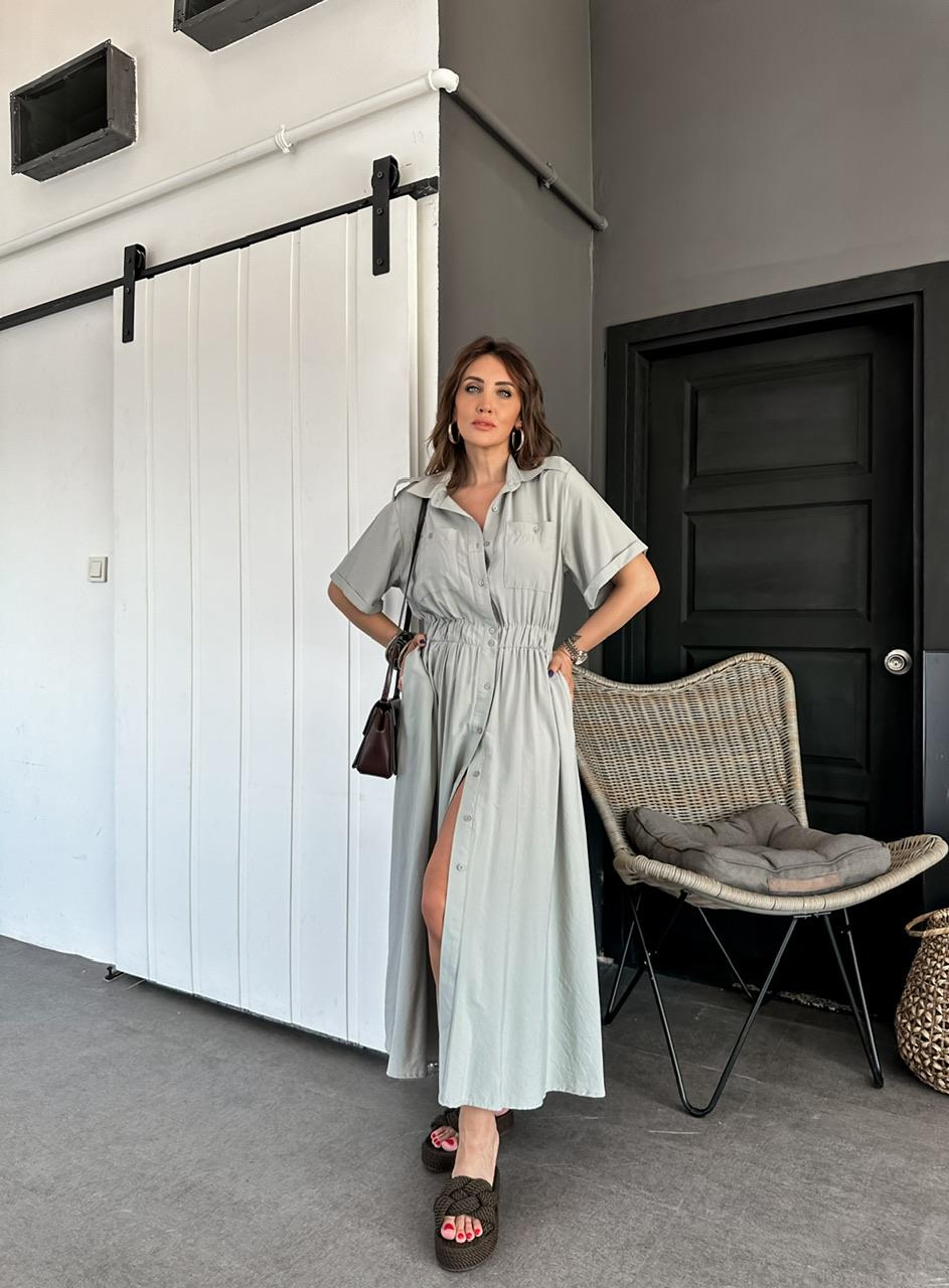 Natural Yeşil Beli Lastikli Cepli Safari Elbise