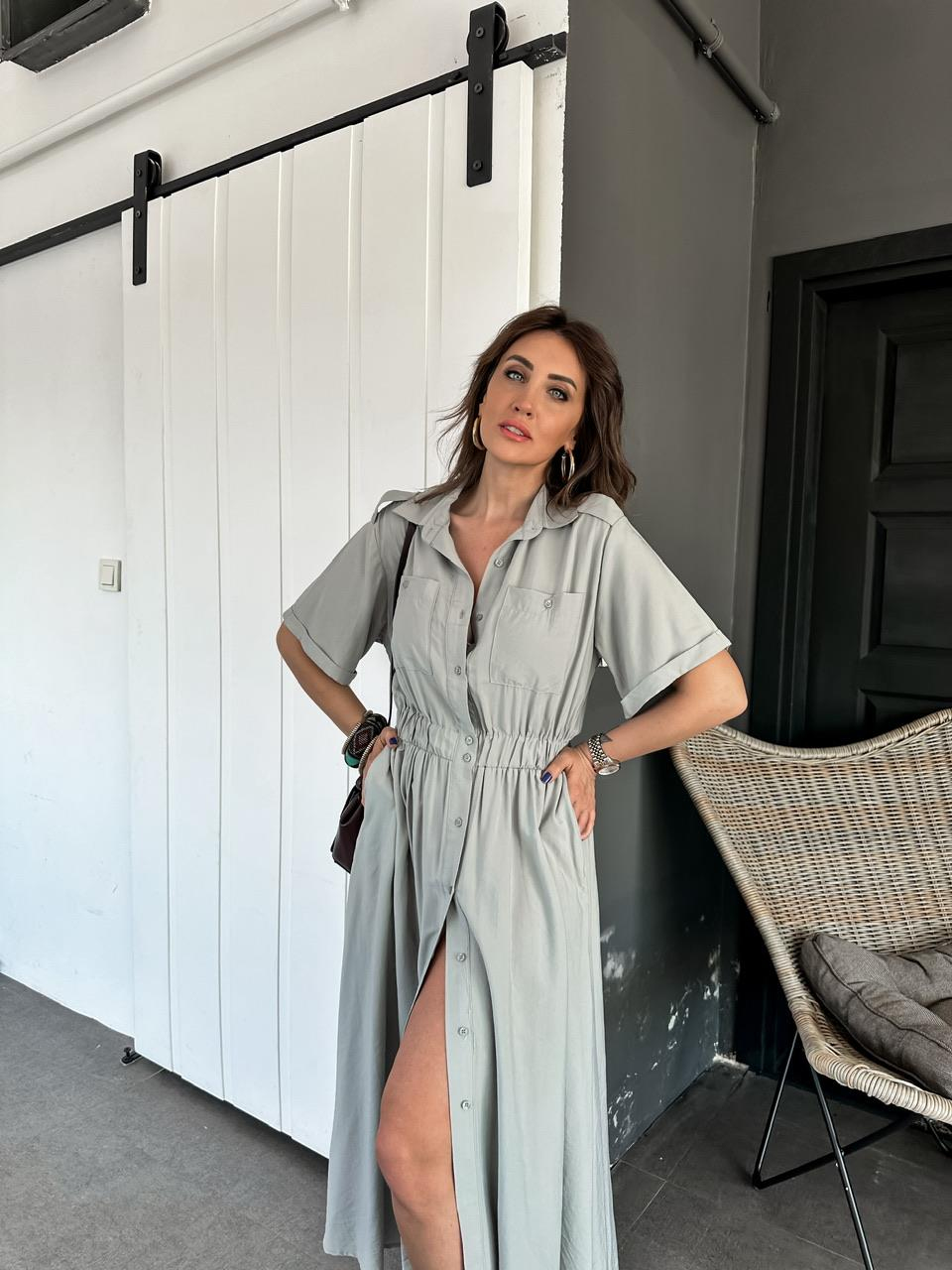 Natural Yeşil Beli Lastikli Cepli Safari Elbise