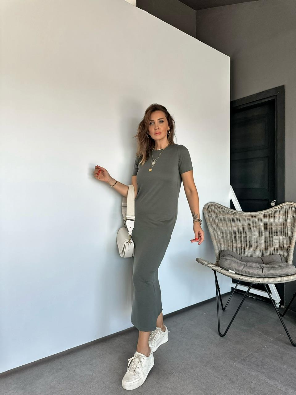 Natural Yeşil Modal Yırtmaçlı Basic Elbise