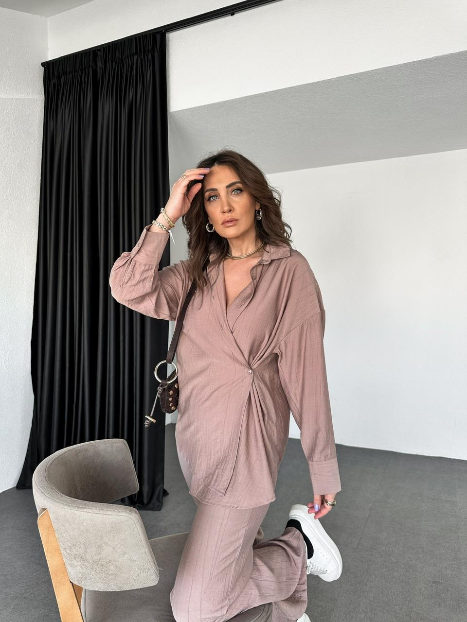 Naturel Bej  Asimetrik Düğmeli Şık Takım