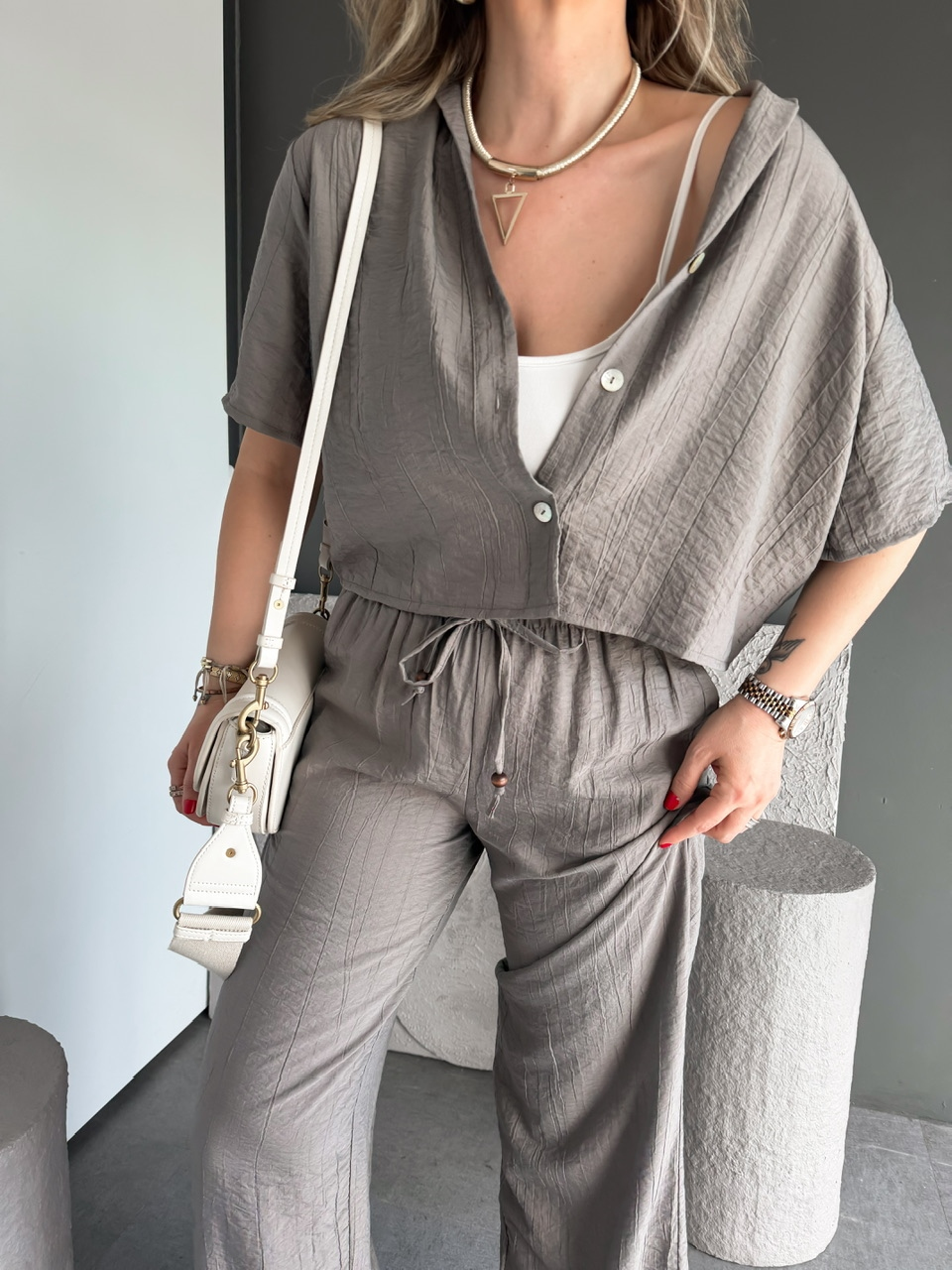 Naturel Haki Kraşlı Relax Kesim Takım