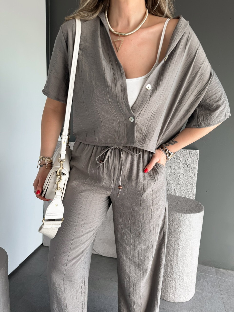 Naturel Haki Kraşlı Relax Kesim Takım