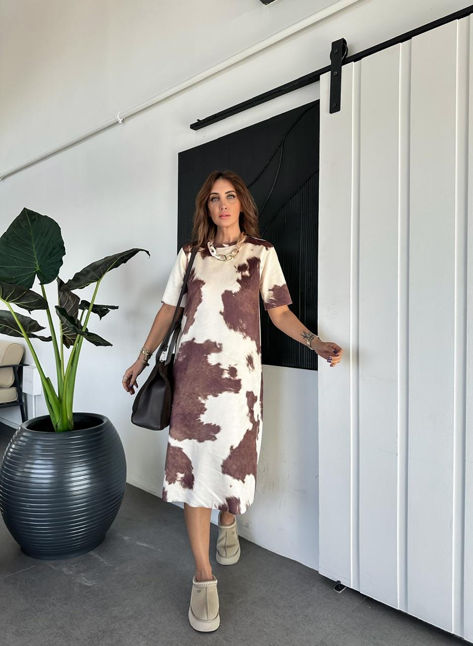 Naturel Kahve Batik Desen Süet Elbise