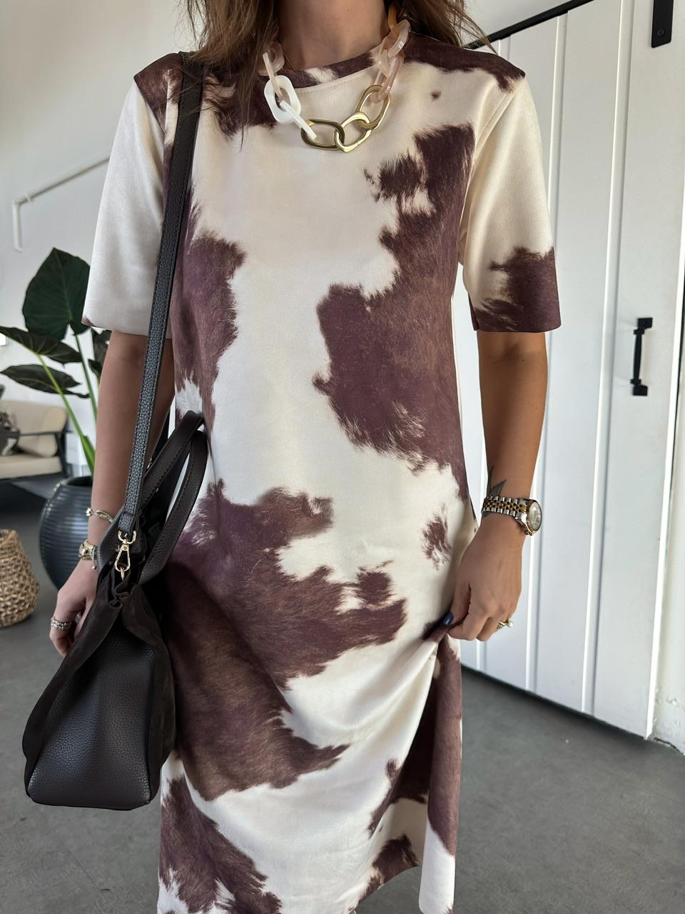 Naturel Kahve Batik Desen Süet Elbise