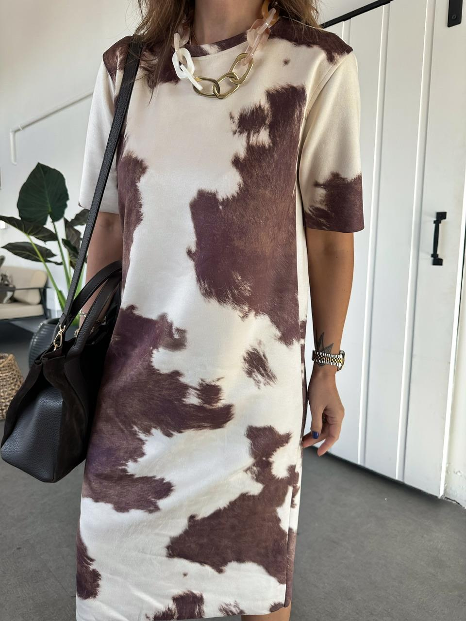 Naturel Kahve Batik Desen Süet Elbise