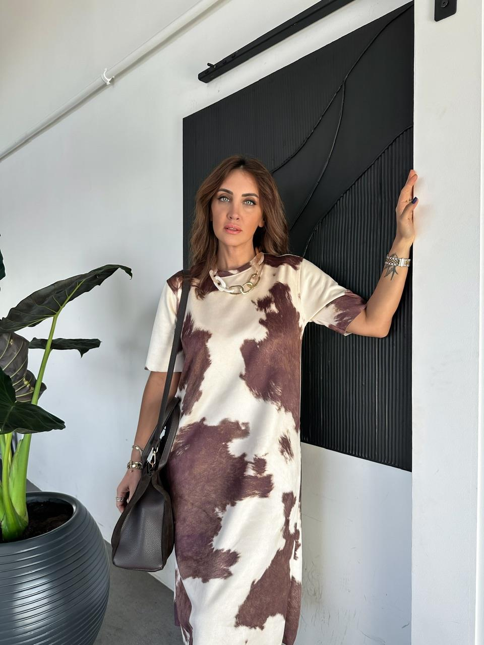 Naturel Kahve Batik Desen Süet Elbise