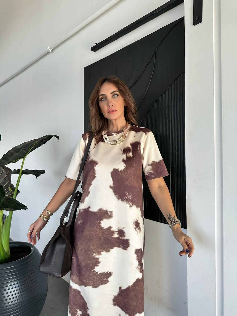 Naturel Kahve Batik Desen Süet Elbise