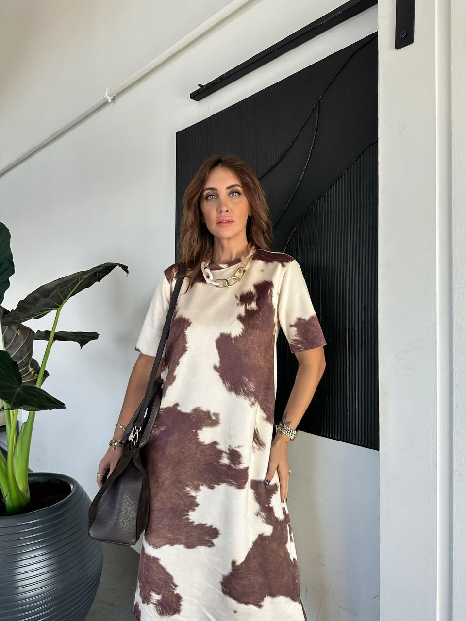 Naturel Kahve Batik Desen Süet Elbise