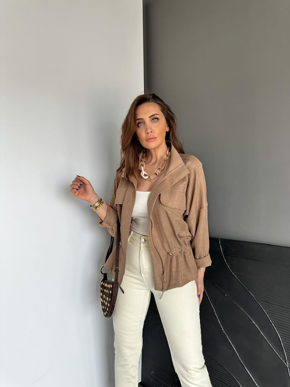 Naturel Kahve Büzgülü Kapak Cepli Ceket