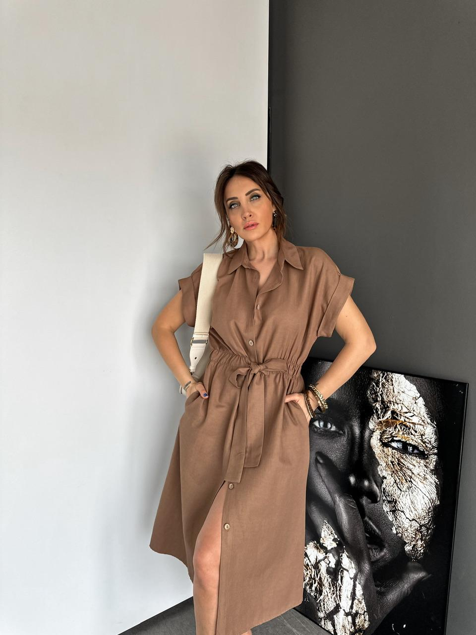 Naturel Kahve Düğmeli Beli Lastikli Keten Elbise