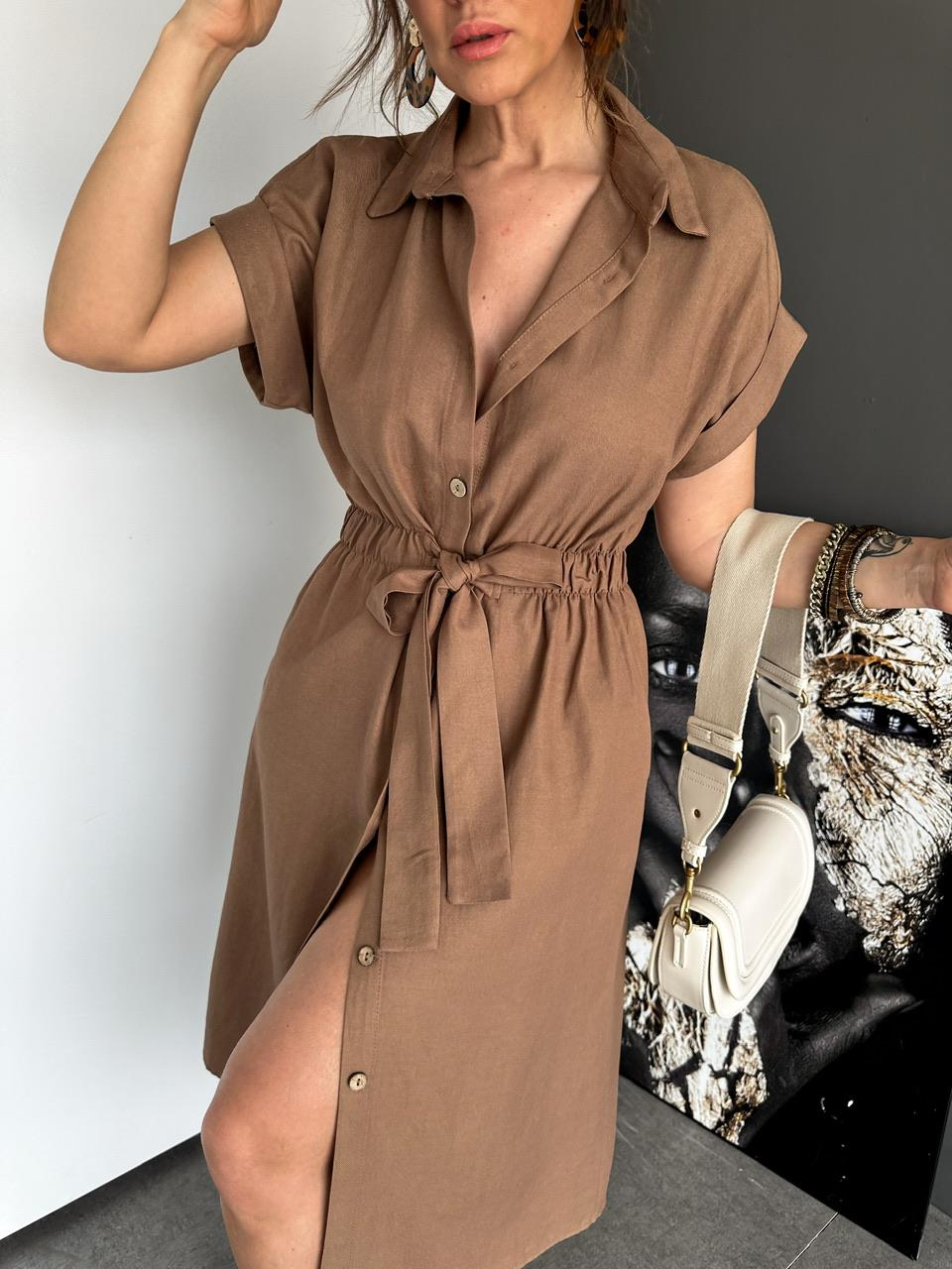 Naturel Kahve Düğmeli Beli Lastikli Keten Elbise