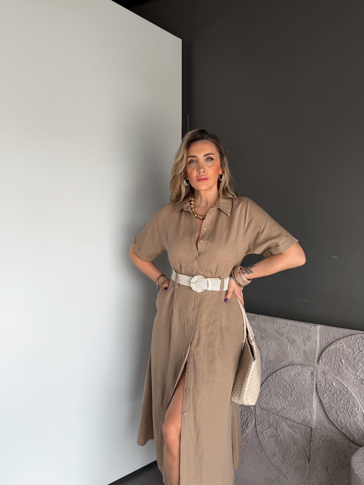 Naturel Kahve Ham Keten Hasır Kemerli Elbise