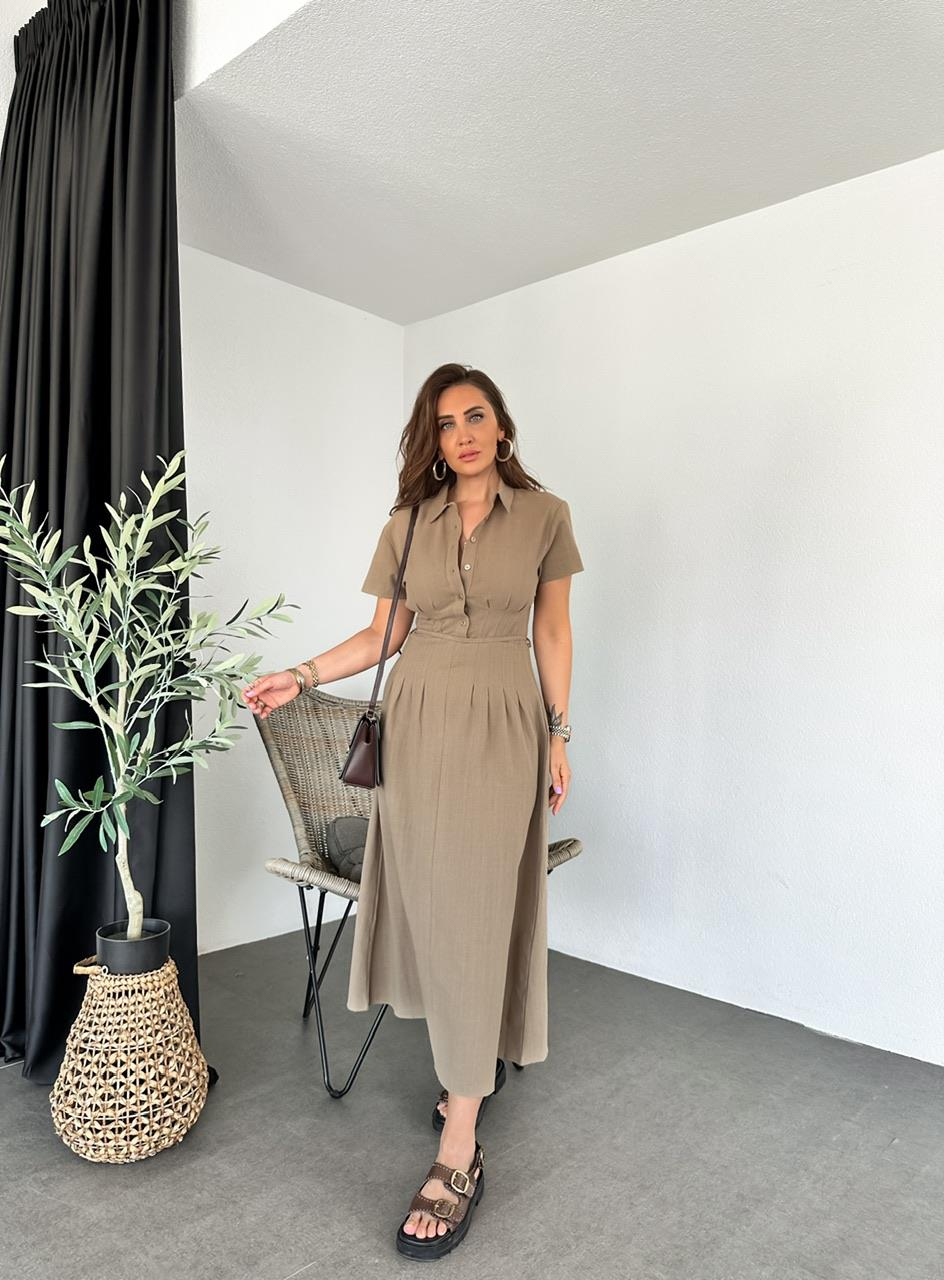 Naturel Kahve İpli Pensli Keten Elbise