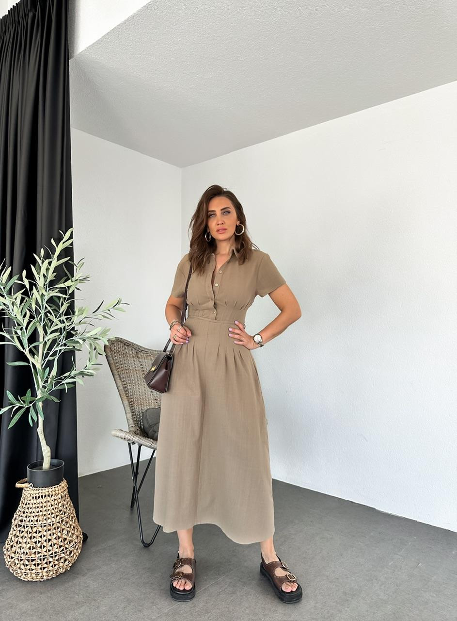 Naturel Kahve İpli Pensli Keten Elbise