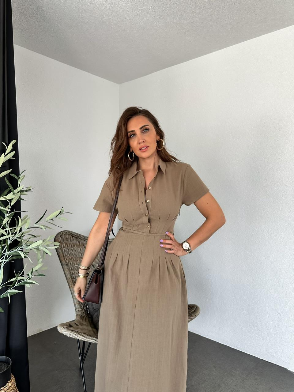 Naturel Kahve İpli Pensli Keten Elbise