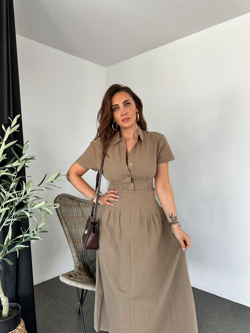Naturel Kahve İpli Pensli Keten Elbise