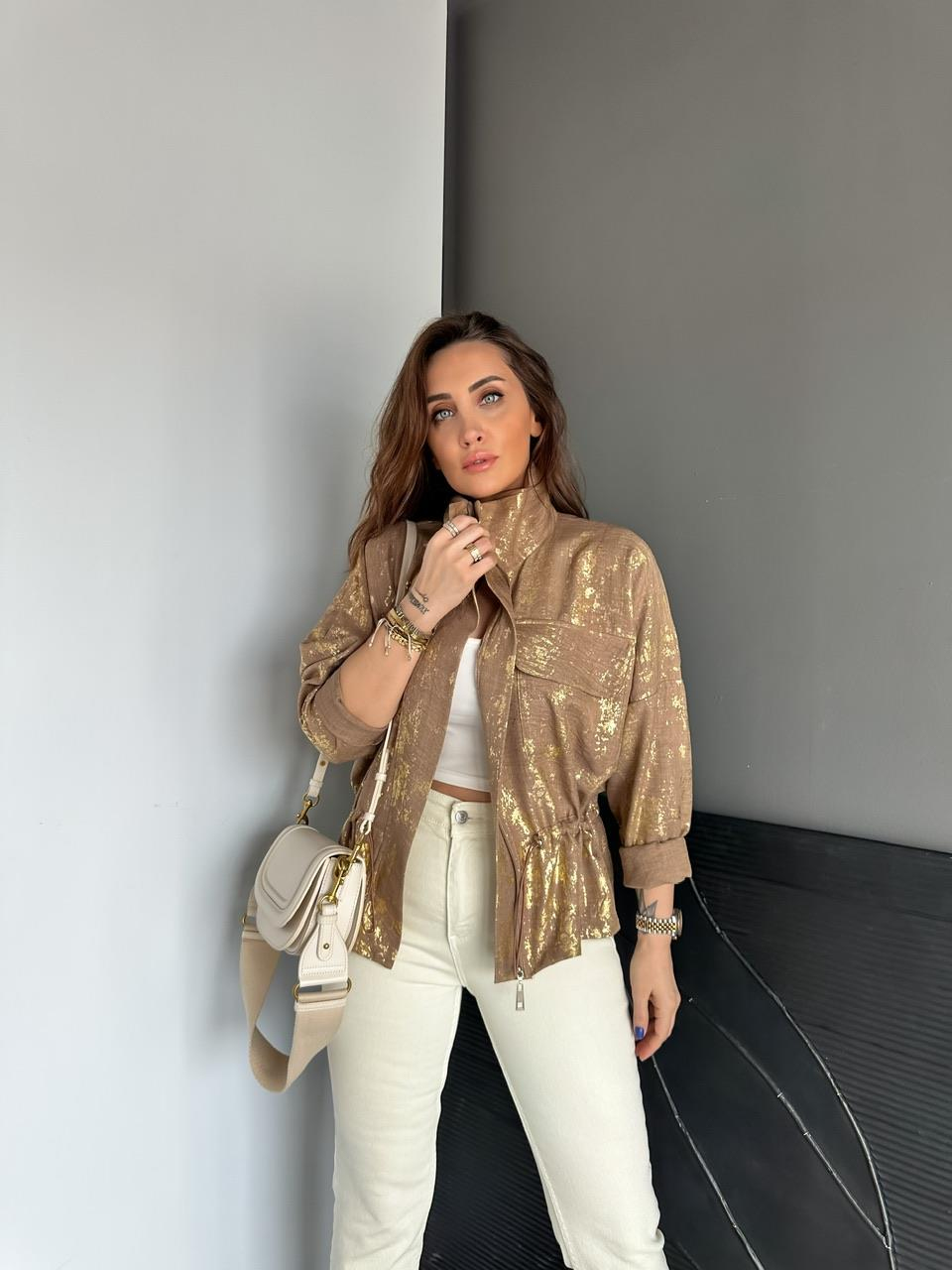 Naturel Kahve Parlak Dokulu Büzgülü Ceket