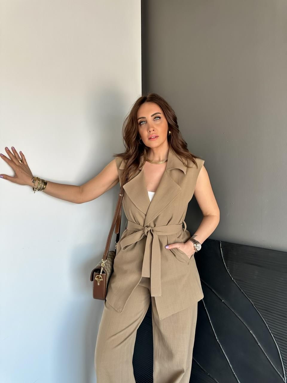 Naturel Kahve Yeleği Kuşaklı Keten Takım