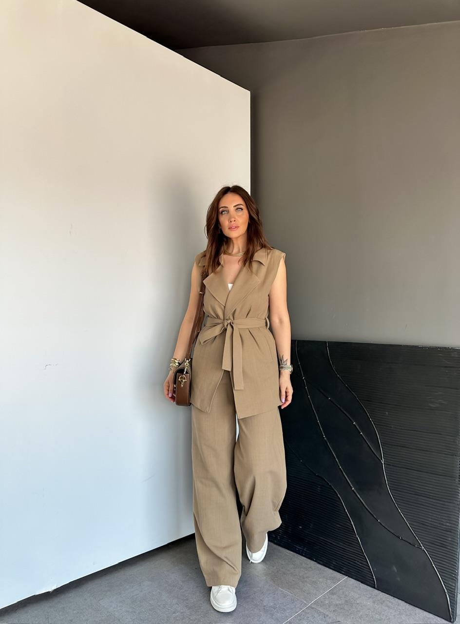 Naturel Kahve Yeleği Kuşaklı Keten Takım