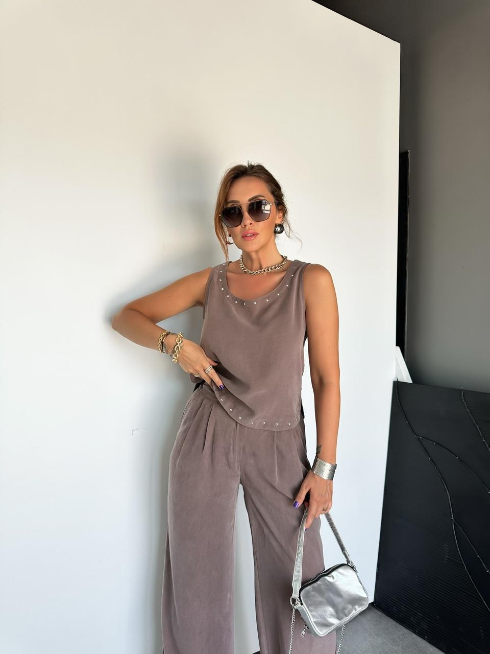 Naturel Kahve Zımbalı Bluz Pantolon Takım