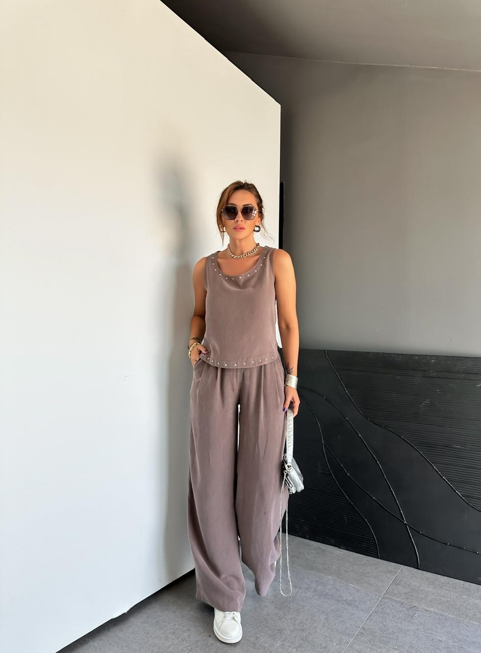 Naturel Kahve Zımbalı Bluz Pantolon Takım