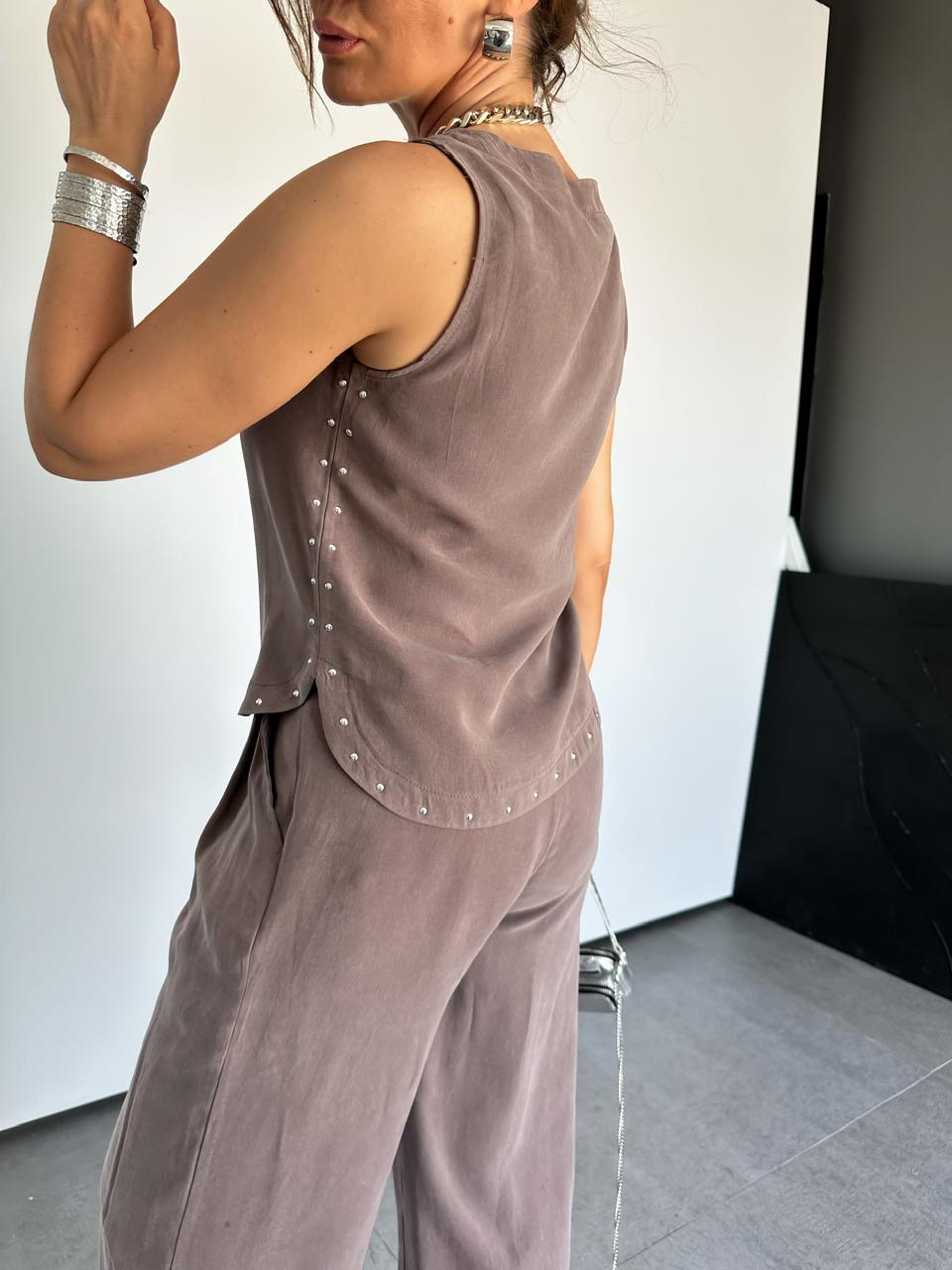 Naturel Kahve Zımbalı Bluz Pantolon Takım