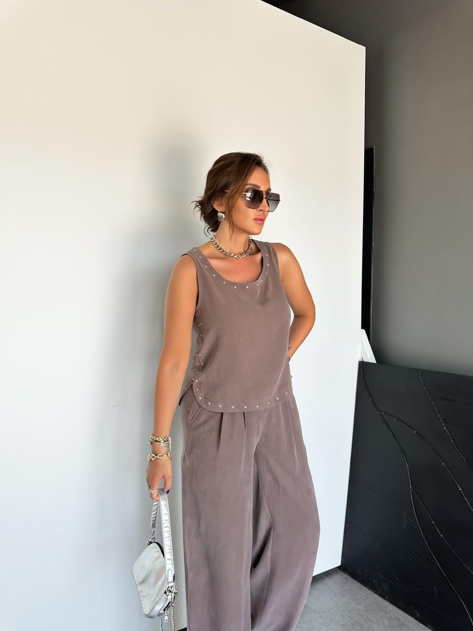 Naturel Kahve Zımbalı Bluz Pantolon Takım