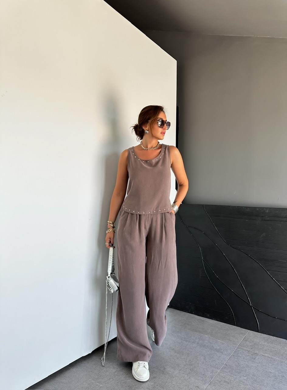 Naturel Kahve Zımbalı Bluz Pantolon Takım