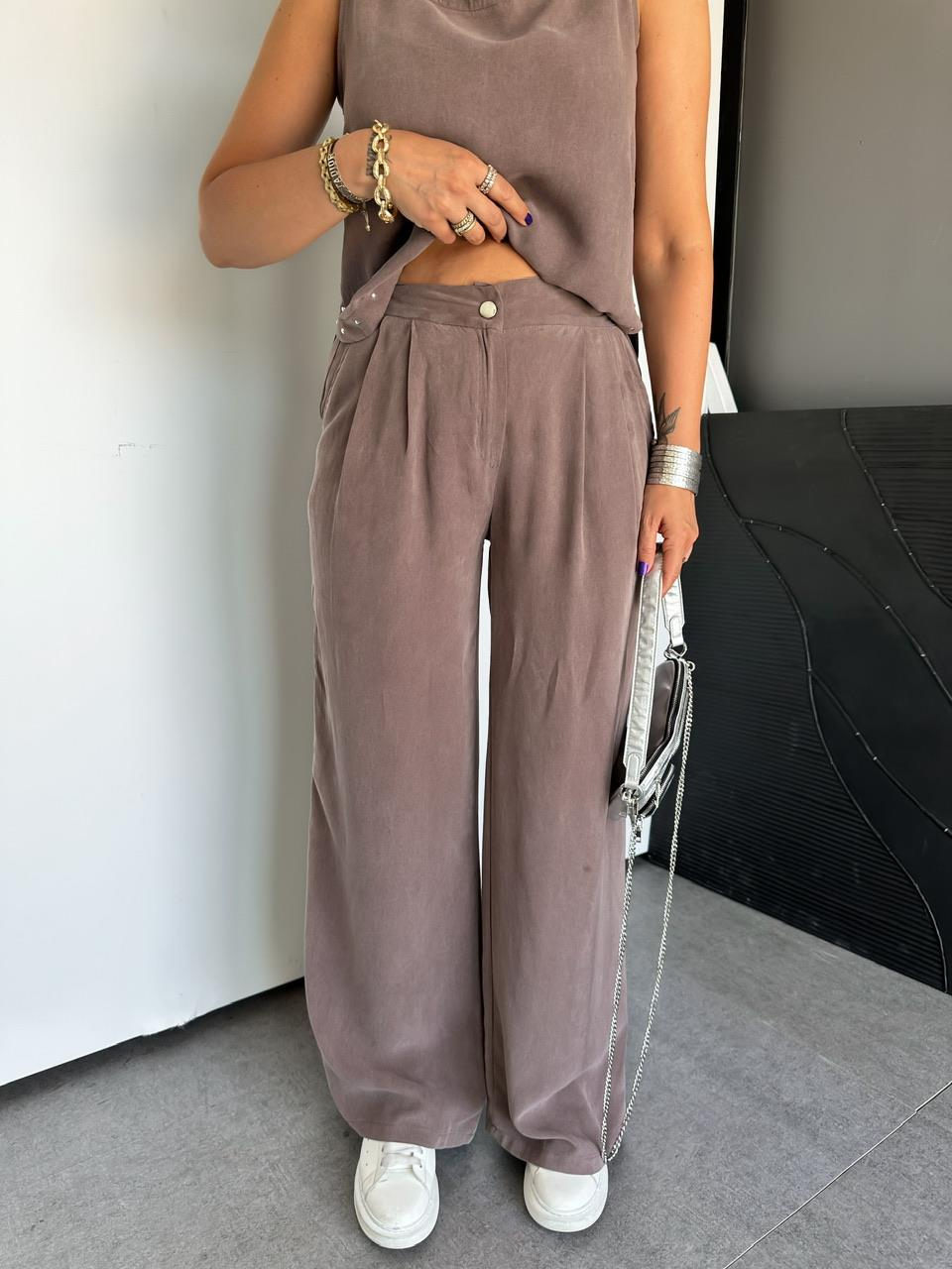 Naturel Kahve Zımbalı Bluz Pantolon Takım