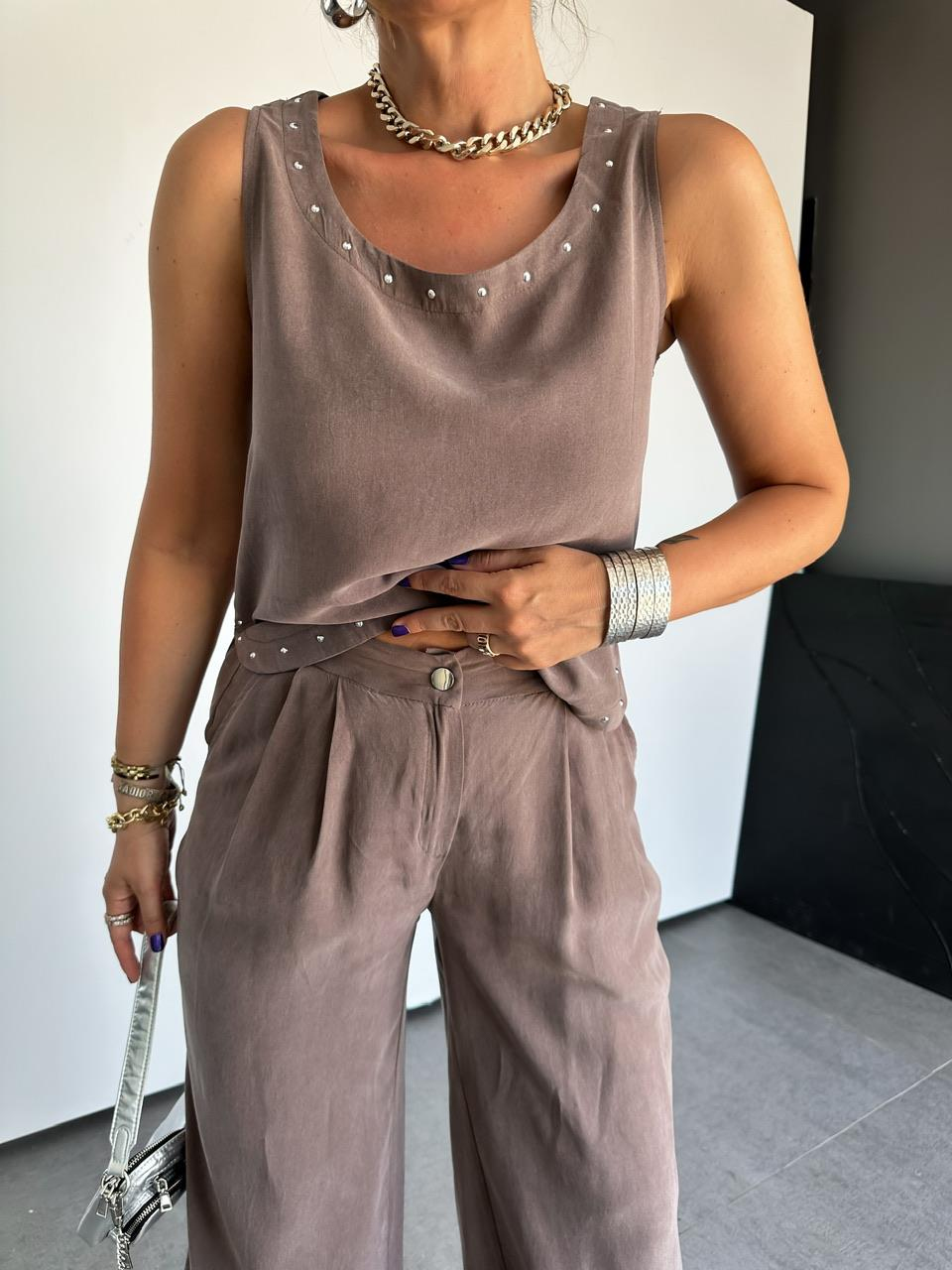 Naturel Kahve Zımbalı Bluz Pantolon Takım