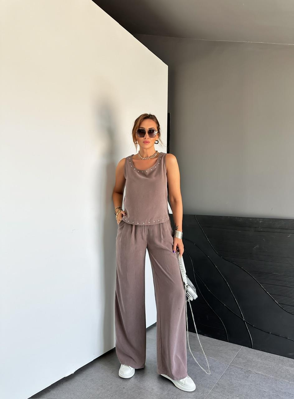 Naturel Kahve Zımbalı Bluz Pantolon Takım