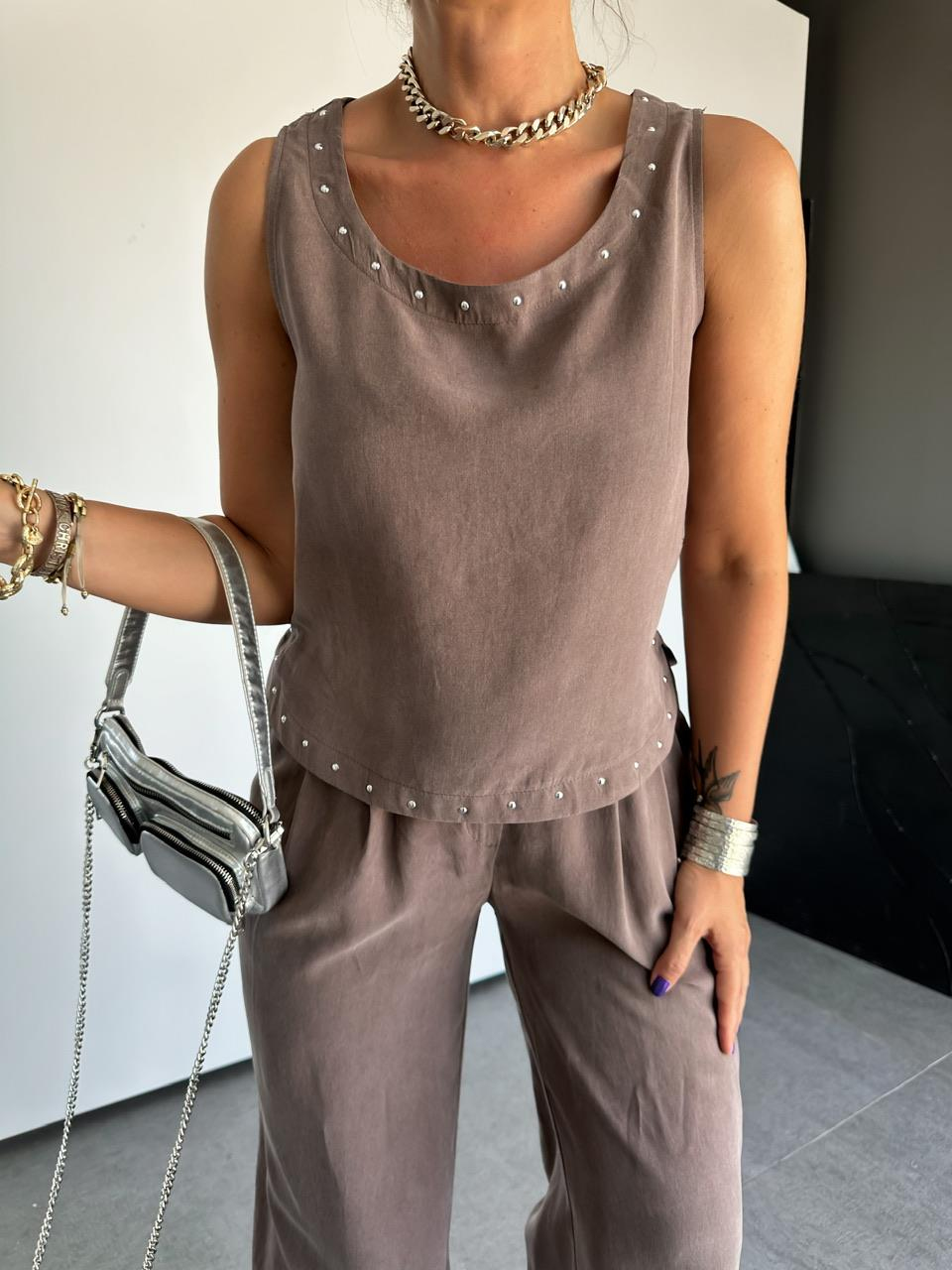 Naturel Kahve Zımbalı Bluz Pantolon Takım