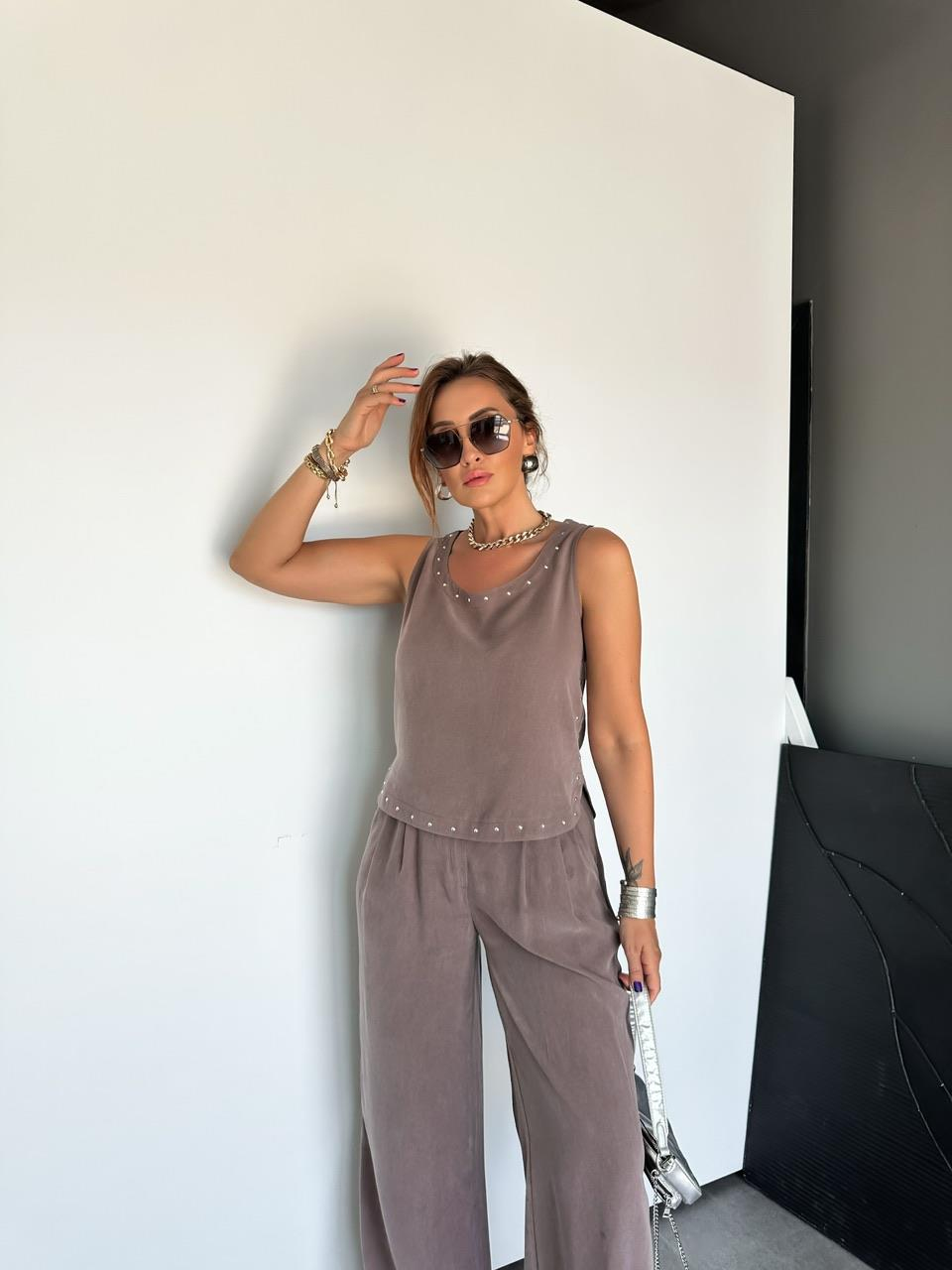 Naturel Kahve Zımbalı Bluz Pantolon Takım