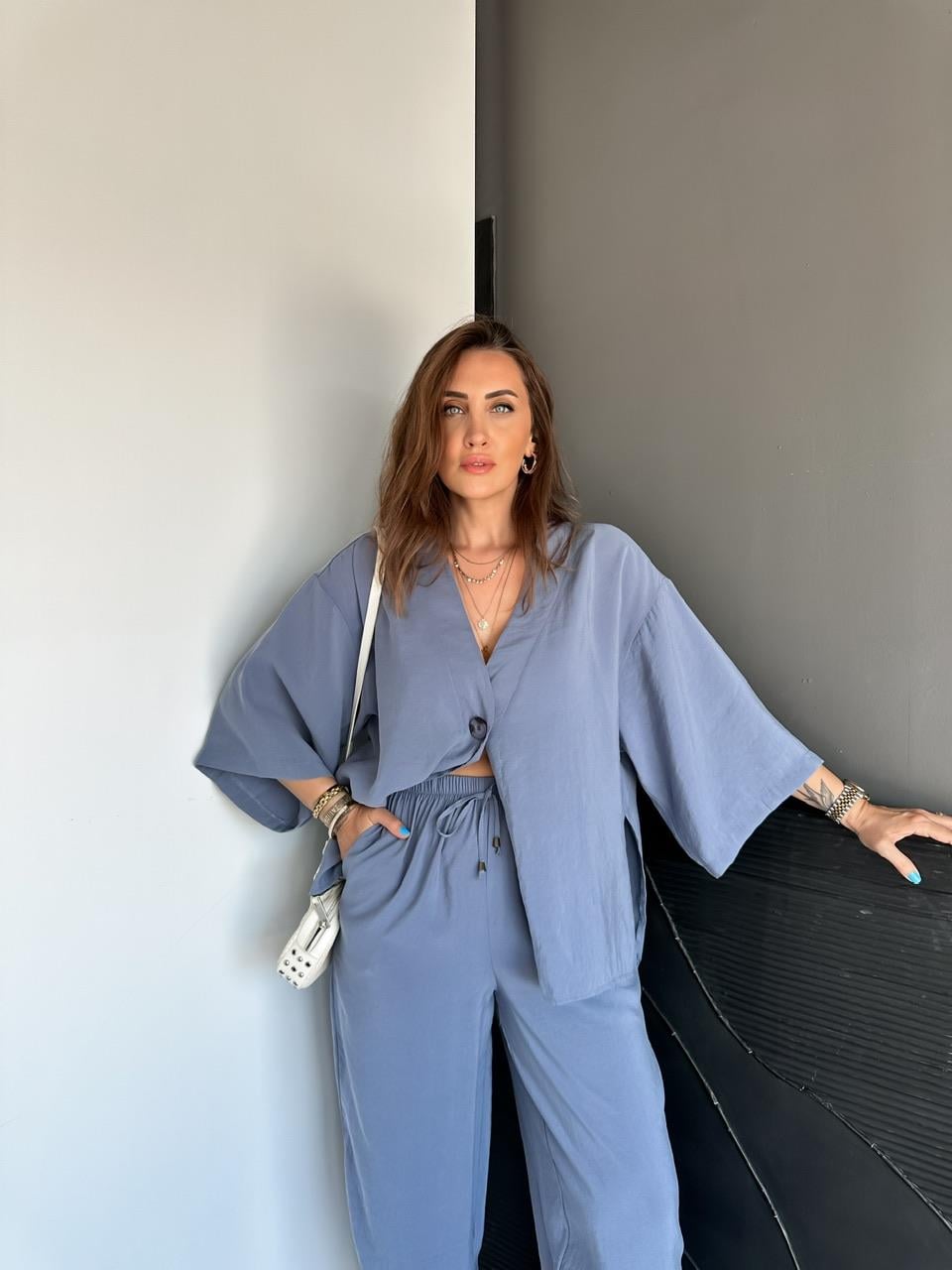 Naturel Mavi Tek Düğmeli Fakir Kol Modal Takım