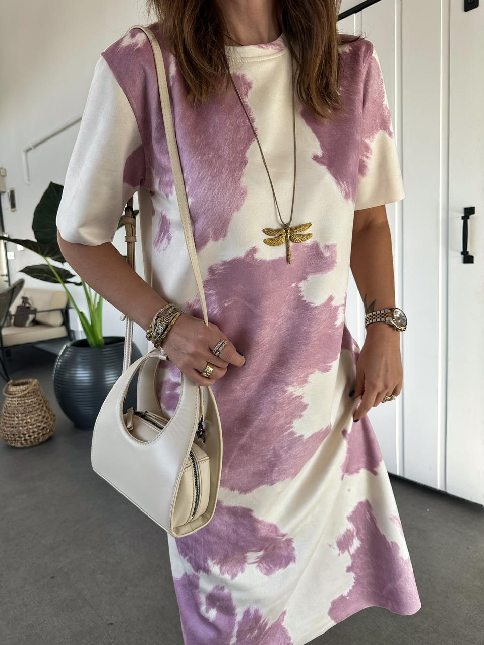 Naturel Pembe Batik Desen Süet Elbise