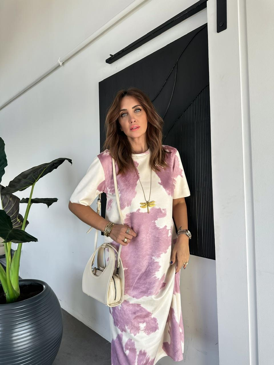Naturel Pembe Batik Desen Süet Elbise