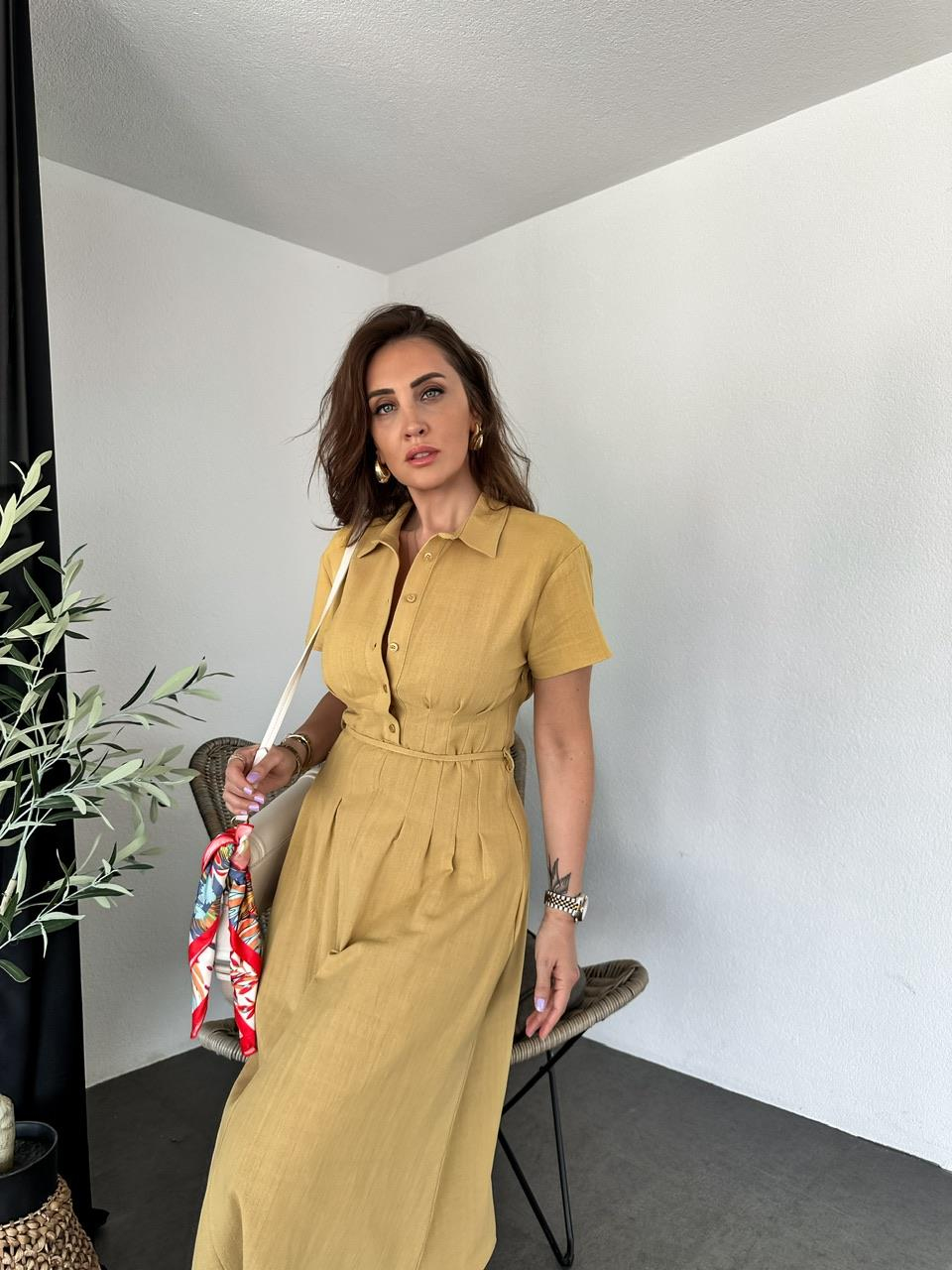 Naturel Sarı İpli Pensli Keten Elbise