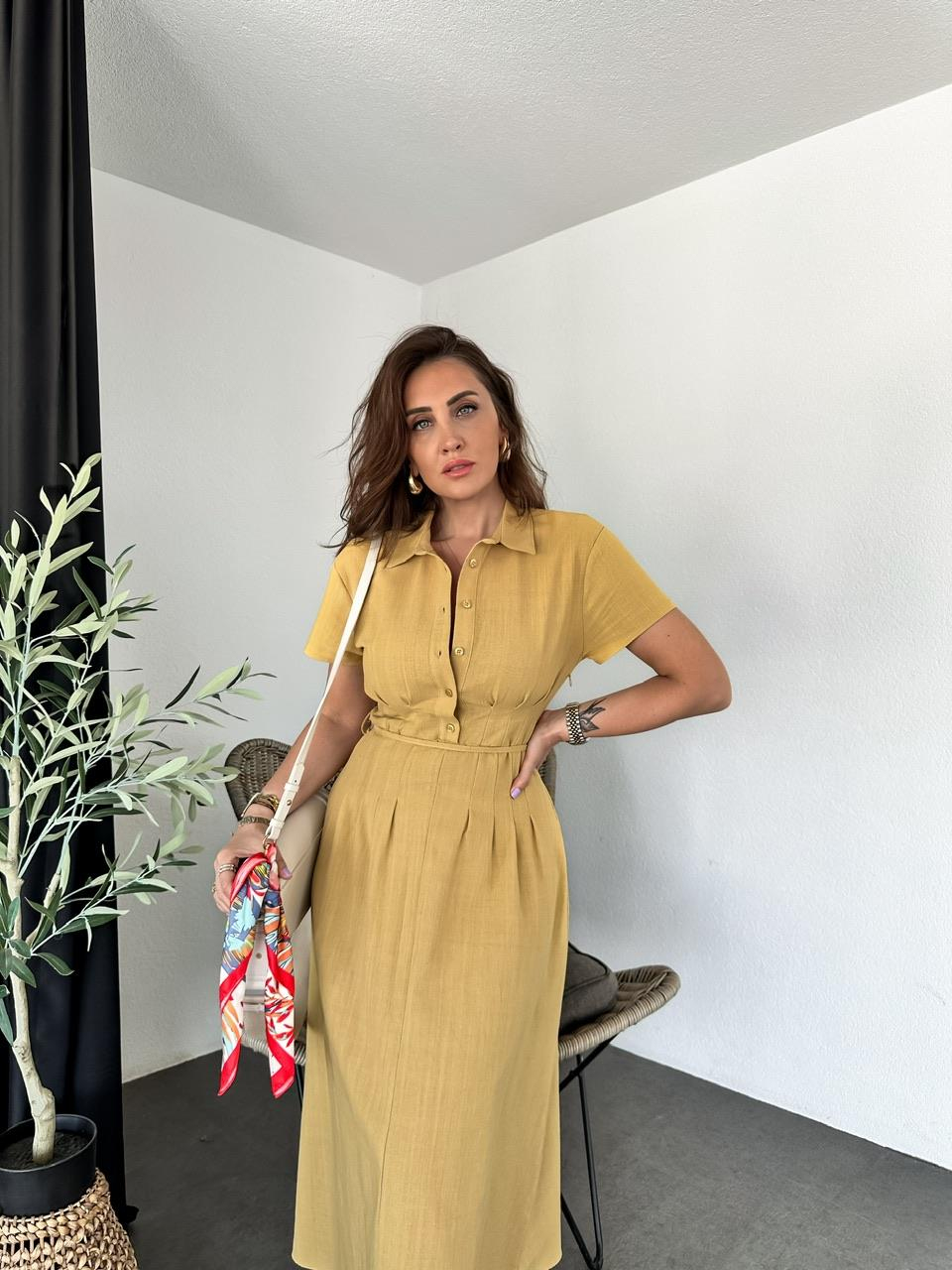 Naturel Sarı İpli Pensli Keten Elbise